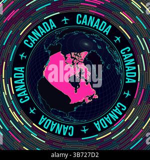 Canada sul globo. Vista satellitare del mondo incentrata sul Canada. Stile neon brillante. Futuristico sfondo radiale in mattoni. Illustrazione vettoriale VIBRANT. Illustrazione Vettoriale