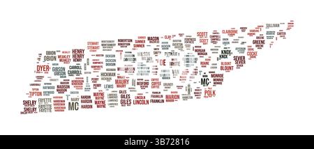 Tennessee Word Cloud. Forma dello stato con divisione della contea. Immagine tipografica del Tennessee. I nomi delle contee tag cloud. Illustrazione vettoriale. Illustrazione Vettoriale