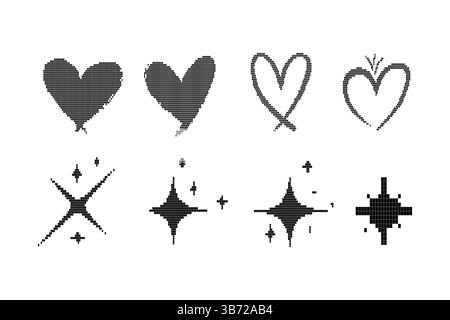 Raccolta di icone con stelle pixel. Una raccolta di forme astratte di brutalismo con elementi di ritorno pixel Y2K Illustrazione Vettoriale