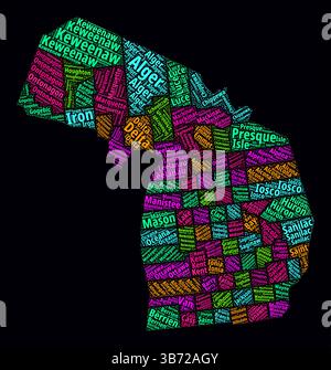 Cloud Word delle regioni del Michigan. Design tipografico luminoso su sfondo scuro. I nomi delle regioni del Michigan tag cloud. Forma del contorno. Illustrazione Vettoriale
