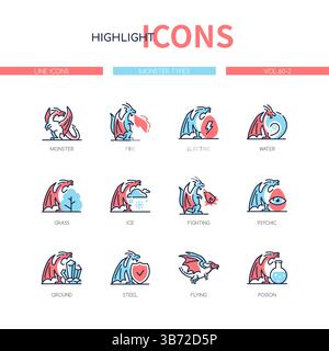 Set icone Monster Types – Fantasy, creature mitiche e Horror Beasts Collection Illustrazione Vettoriale