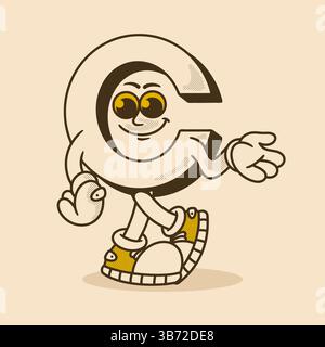 Divertente design a lettera C con carattere eccentrico, tonalità retrò e stile urbano Illustrazione Vettoriale