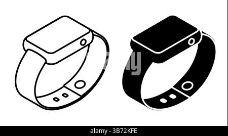 Icona isometrica lineare, orologio da polso intelligente. Orologio da polso intelligente con interfaccia utente e cinturino da polso. Semplice vettore di visualizzazione dall'alto in bianco e nero isolato su bianco Illustrazione Vettoriale