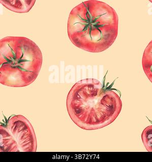 Pomodori rossi verdure acquerello senza cuciture. Frutta intera e mezza tagliata con gambo. Illustrazione realistica dell'impianto disegnata a mano. Tessuto alimentare Foto Stock