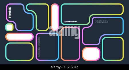 Modelli di cornice per kit ui bento colorati: Forme rettangolari arrotondate, quadrate e irregolari in stile gradiente vivace. Elementi grafici funky per layout di wireframe di siti Web e app mobili o prototipi. Illustrazione Vettoriale