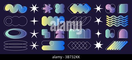 Confezione sfumata ispirata a Y2K: Stelle e cerchi, rettangoli arrotondati e onde in vibranti colori pastello. Elementi grafici retro-funky dell'era degli anni '2000 per il design del logo, la creazione di motivi o gli sfondi. Illustrazione Vettoriale