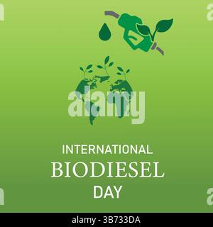 Giornata internazionale del biodiesel con mappa del mondo e macchina per il carburante. Perfetto per carte, banner, poster, social media. Sfondo verde. File EPS. Illustrazione Vettoriale