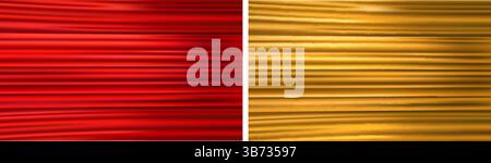 Consistenza di seta naturale rossa e oro. Raso liscio. Materiale setoso. Pieghe della tenda. Il panno 3D si piega. Ondulazione luminosa del telo. Elegante tessuto di lusso. Theat Illustrazione Vettoriale