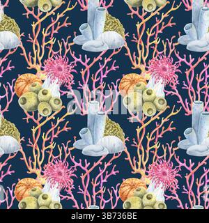 Motivo acquerello senza cuciture con coralli colorati, spugne e ricci di mare su sfondo scuro. Ideale per tessuti a tema oceanico, carte da parati, e. Foto Stock