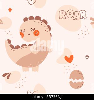 Motivo baby senza cuciture disegnato in colori bohémien pastello neutri con dinosauro, cuori, uova mostruose e macchie colorate. Illustrazione Vettoriale