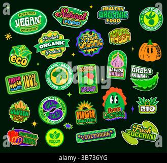 Adesivi per alimenti vegani biologici y2k Groovy patch, etichette retro funky con prodotti naturali con frutta e verdura ecocompatibili vettoriali. Trendy anni '90 y2k sano b Illustrazione Vettoriale