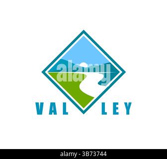 Icona della montagna del fiume e della valle con sentiero e sole per l'azienda, stemma vettoriale. Acqua blu del fiume sulla valle verde con colline e montagne fiel Illustrazione Vettoriale