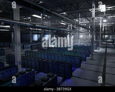 Armadietti server nel data center che mantengono set di dati, flussi di lavoro e test dei modelli di intelligenza artificiale su larga scala. Supercomputer in server farm che eseguono apprendimento e inferenza continui, animazione 3D. Foto Stock