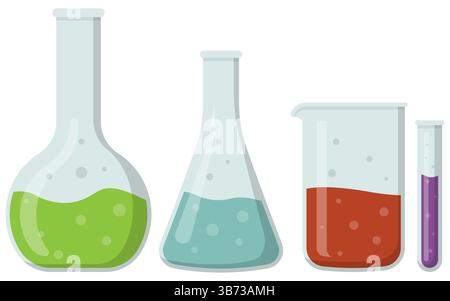 Un'illustrazione di vetreria da laboratorio con soluzioni chimiche colorate in vari matracci e becher su un tavolo Illustrazione Vettoriale