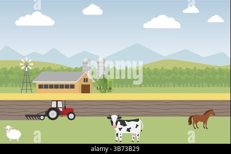 Si tratta di un'illustrazione pixel art dettagliata che presenta un vivace paesaggio agricolo che include una mucca, un cavallo, una pecora e un trattore rosso brillante Illustrazione Vettoriale