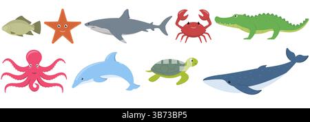 Set di creature marine e acquatiche. Un'illustrazione coinvolgente e colorata che mostra una varietà di diverse creature marine e acquatiche. Illustrazione vettoriale. Illustrazione Vettoriale