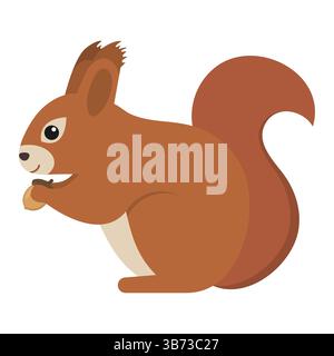 Uno scoiattolo cartoni animati adorabile e giocoso che regge con gioia una gustosa noce, ideale per illustrazioni naturalistiche e naturalistiche Illustrazione Vettoriale