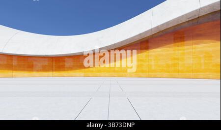 Svuotare il pavimento in cemento e le pareti curve in cemento e vetro arancione sotto il cielo blu. Rendering 3D. Foto Stock