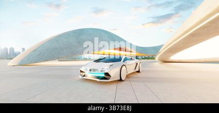 Auto sportiva bianca e futuristica parcheggiata in un moderno parcheggio con strutture curve in cemento. rendering 3d. Foto Stock