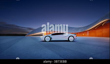 rendering 3d di un'avveniristica auto sportiva bianca parcheggiata di fronte a un edificio moderno al crepuscolo Foto Stock