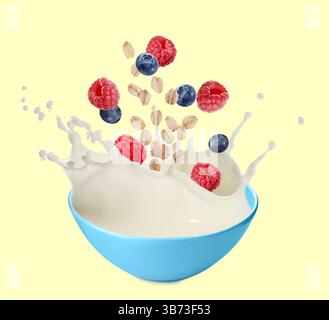 Fiocchi d'avena con bacche fresche e latte che fuoriescono dal recipiente su sfondo giallo pallido Foto Stock