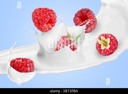 Spruzzi di latte e lamponi freschi in aria su sfondo azzurro Foto Stock