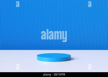 Sfondo astratto minimalista con podio blu su pavimento bianco e parete a righe blu per la presentazione del prodotto Foto Stock