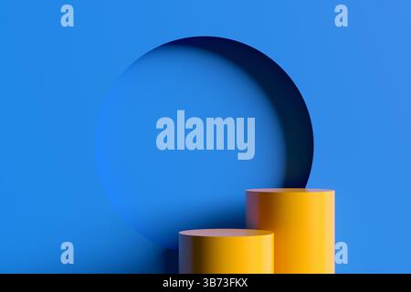 Sfondo astratto minimalista con due podi gialli e cerchio blu, perfetto per presentare i prodotti Foto Stock