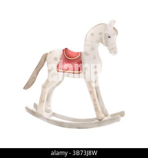 Cavallo a dondolo, giocattolo per bambini, illustrazione ad acquerello. Un simpatico pony animaletto per bambini, isolato su sfondo bianco. Simulati di equitazione Foto Stock