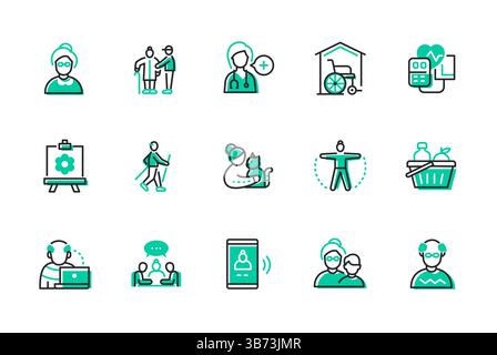 Invecchiamento e cura felici - set di icone di stile per il design della linea Illustrazione Vettoriale