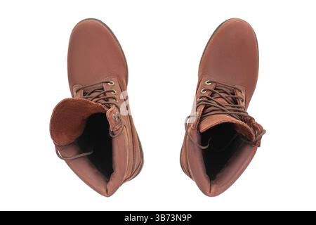 Stivali in pelle marrone vista dall'alto isolati su sfondo bianco Foto Stock