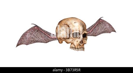 Cranio umano profilo realistico con illustrazione ad acquerello delle ali di pipistrello. Ossa in stile gotico. Giorno dei morti, Halloween, dia de los muertos. Isolato Foto Stock