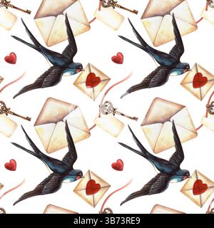 Inghiottire uccelli, cuori rossi e lettere d'amore romantico motivo senza cuciture texture acquerello di San Valentino con decorazioni retrò. Perfetto per romantici Foto Stock