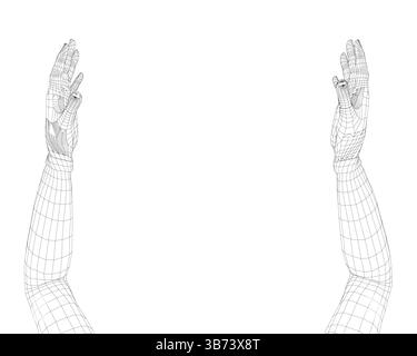 Un'illustrazione dettagliata della struttura a reticolo vettoriale con le mani umane che indossano guanti, raffigurata in una posa dinamica come se trattasse un oggetto. L'intricato li geometrici Illustrazione Vettoriale