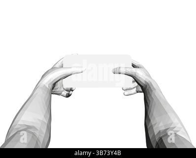 Una persona ha in mano un telefono bianco. Il telefono è rettangolare e lui è uno smartphone. Concetto di tecnologia moderna e l'importanza di Illustrazione Vettoriale