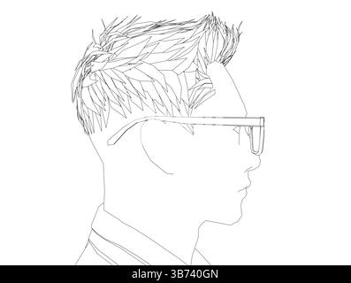 Un uomo con la testa rasata e gli occhiali è il punto focale principale dell'immagine. I capelli dell'uomo sono corti e indossa un paio di occhiali. L'immagine è in blac Illustrazione Vettoriale