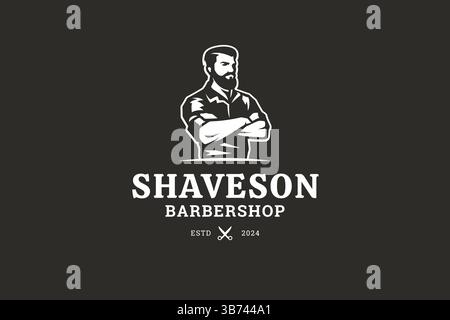 Logo professionale del barbiere con barbiere in stile retrò, emblema vintage e testo per la cura del corpo. Illustrazione vettoriale. Illustrazione Vettoriale