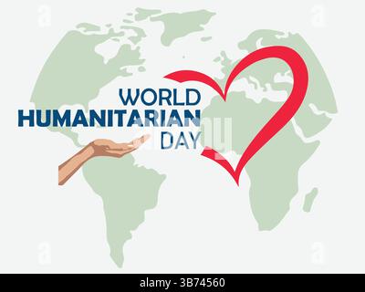 Giornata mondiale umanitaria concetto creativo con icone di cuore e mano per poster, banner, social media. Sfondo della mappa del mondo. Illustrazione vettoriale. Illustrazione Vettoriale