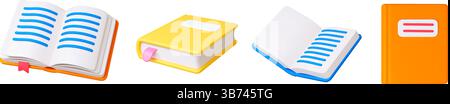 Icona Book 3D. Libri isolati, notebook aperto e chiuso. Strumenti e forniture per l'apprendimento scolastico. Università, biblioteca, istruzione, libreria Illustrazione Vettoriale