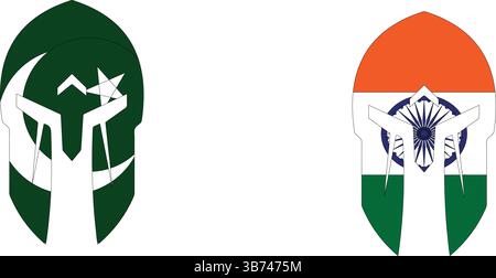 India vs Pakistan Cricket Match Concept con illustrazione creativa di caschi battitori bandiera dei Paesi partecipanti su sfondo bianco. Illustrazione Vettoriale