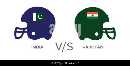 Bandiere internazionali di cricket Pakistan vs India, elmetti da battitore isolati su sfondo bianco. Illustrazione vettoriale, file modificabile EPS. IND VS PAK Illustrazione Vettoriale