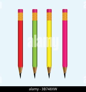 Set di colorate matite in legno isolate su sfondo azzurro. Elemento di progettazione 3D realistico. Disegno dell'illustrazione vettoriale. Illustrazione Vettoriale