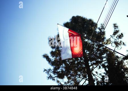 Bandiera polacca che ondeggia contro il cielo, simbolo nazionale della Polonia Foto Stock