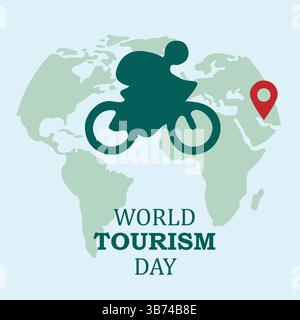 Giornata Mondiale del Turismo concetto creativo con icona della bicicletta isolata su sfondo blu e Mappa Mondiale. File vettoriale modificabile EPS. Illustrazione Vettoriale