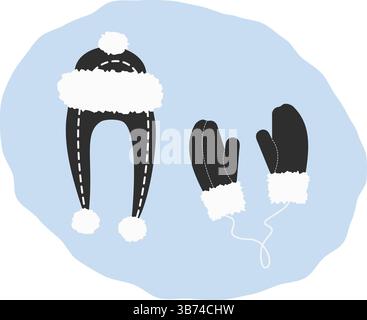 Cappello con patta auricolare e guantoni con decorazioni in pelliccia abiti invernali icona con adesivo Logo Tag elemento di design Set di idee. Illustrazione di vettore isolato scheda tematica delle festività invernali o opuscoli promozionali, banner, poster, etichetta Illustrazione Vettoriale