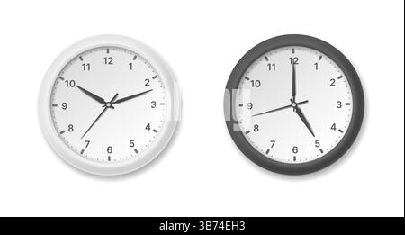 Orologio da parete bianco e nero con lancette isolate su sfondo luminoso. Illustrazione vettoriale 3D. Illustrazione Vettoriale