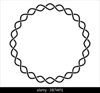 Linee nere intrecciate bordo treccia su sfondo bianco. Cerchio bordo treccia semplice. Telaio a fune rotonde Illustrazione Vettoriale