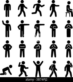 Icone figure Action Stick umano: Gesti, camminate, sedute e movimenti pongono il set vettoriale Illustrazione Vettoriale