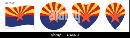 Bandiera ondulata dello stato dell'Arizona, badge adesivo circolare, icona a forma di cuore, spilla della mappa. Pulsanti di segnalazione di forme diverse. Illustrazione vettoriale isolata o Illustrazione Vettoriale