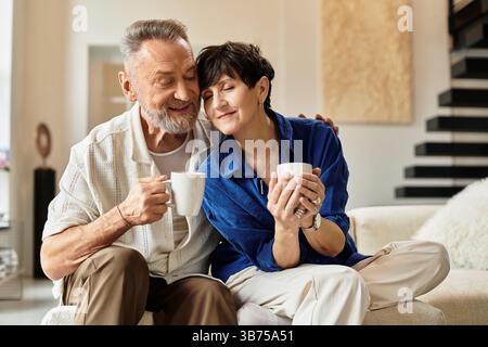 La coppia condivide sorrisi caldi e caffè nel loro accogliente soggiorno, godendosi la compagnia reciproca. Foto Stock